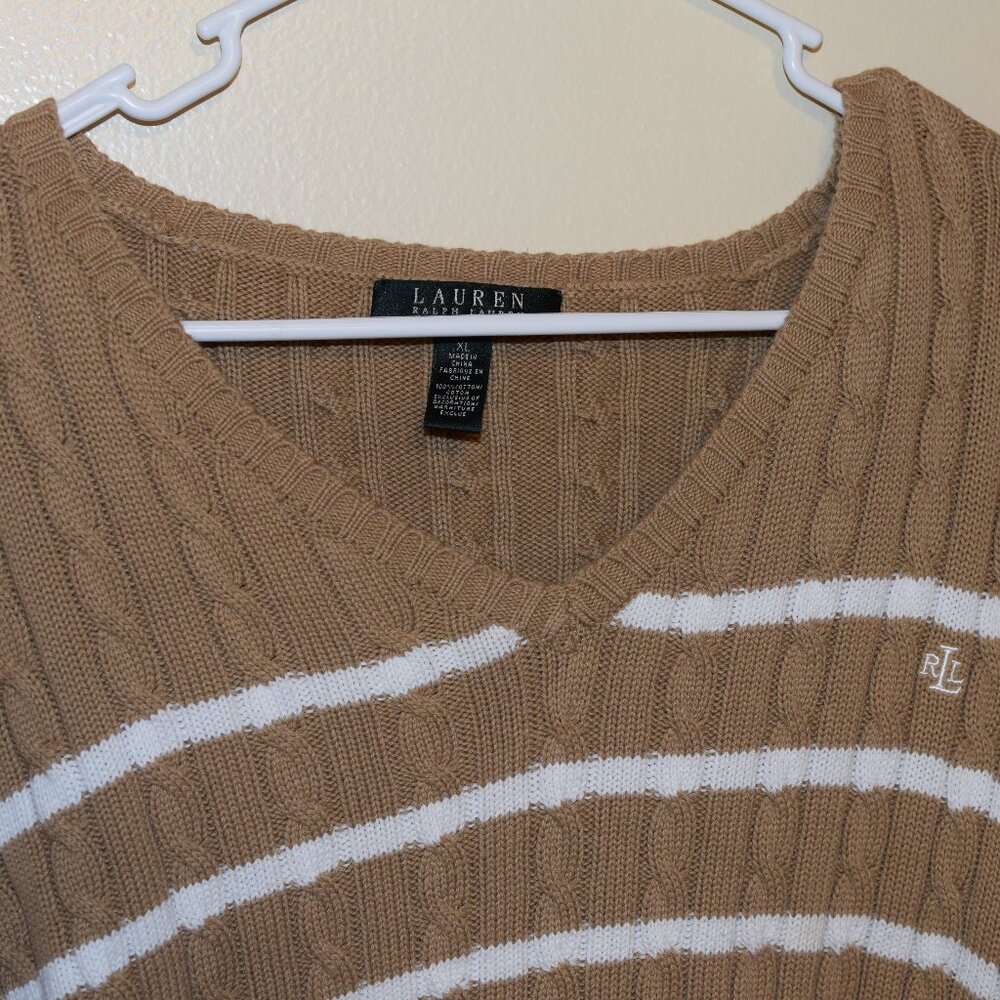 Lauren Ralph Lauren Cable Knit Striped 100% Cotton Chunky Sweater Fall Warm Cozy - Picture 2 of 7